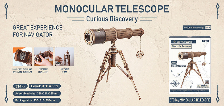 3D Wooden Puzzle Monocular Telescope – DIY Mechanical Model Kit for Kids, Teens & Adults