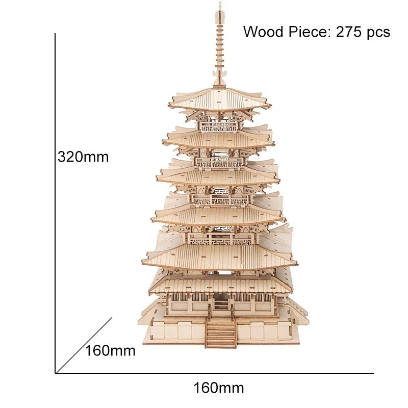 Robotime 3D Wooden Pagoda Puzzle Kit – Buildable 5-Story Temple Model for Kids, Adults & Family Time (275 Pcs, No Tools Needed)