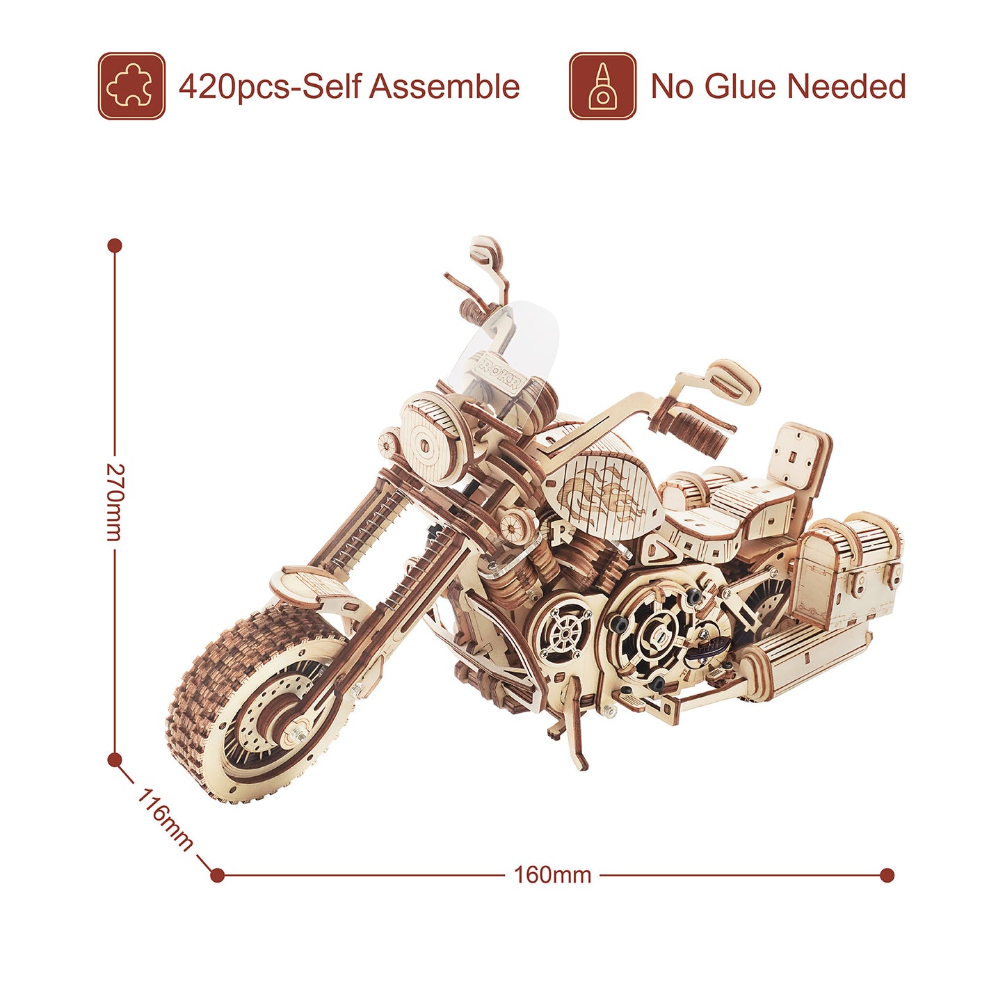 3D Wooden Cruiser Motorcycle Puzzle – 420-Piece DIY Mechanical Model Kit with Spring Drive (Perfect Gift for Adults & Teens)
