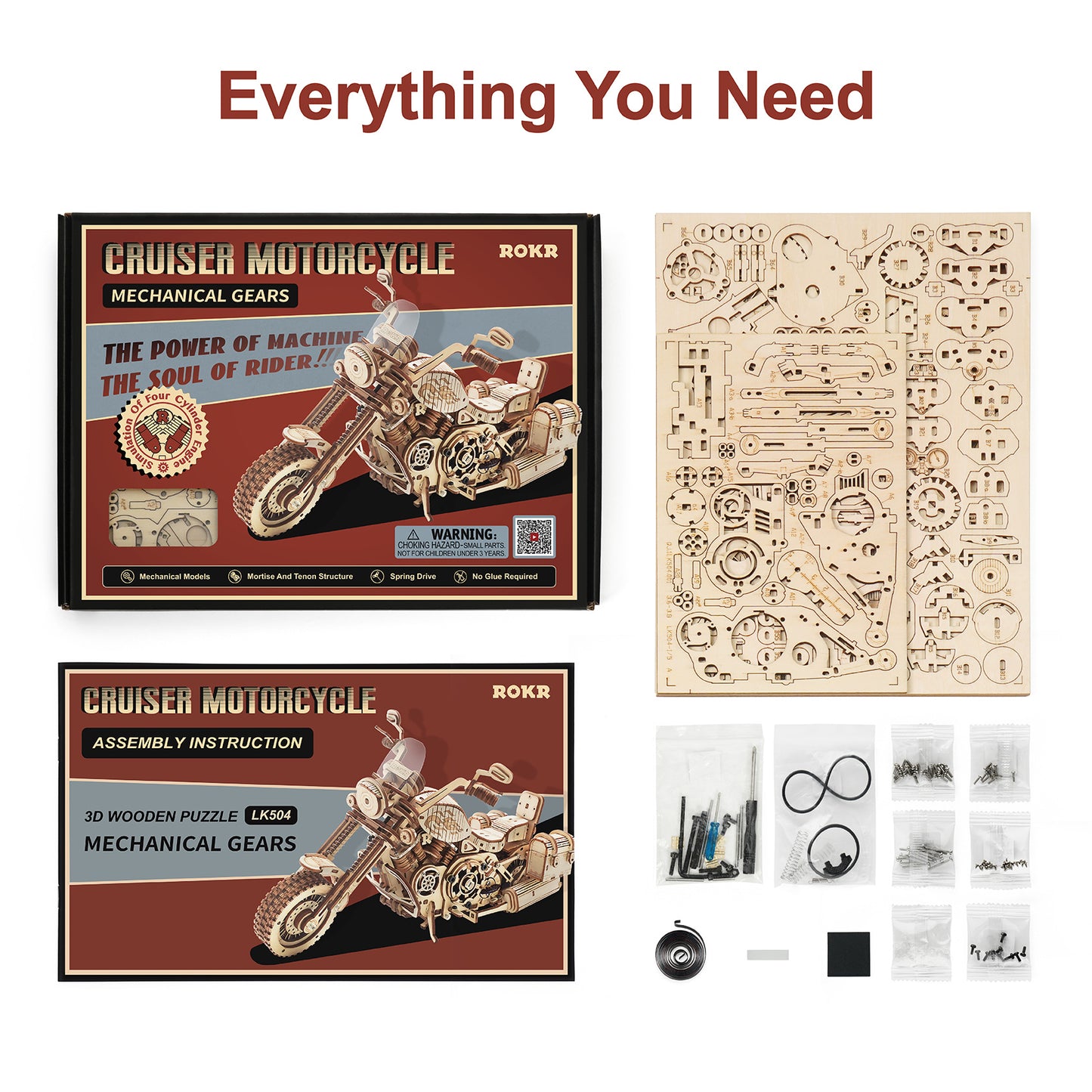 3D Wooden Cruiser Motorcycle Puzzle – 420-Piece DIY Mechanical Model Kit with Spring Drive (Perfect Gift for Adults & Teens)