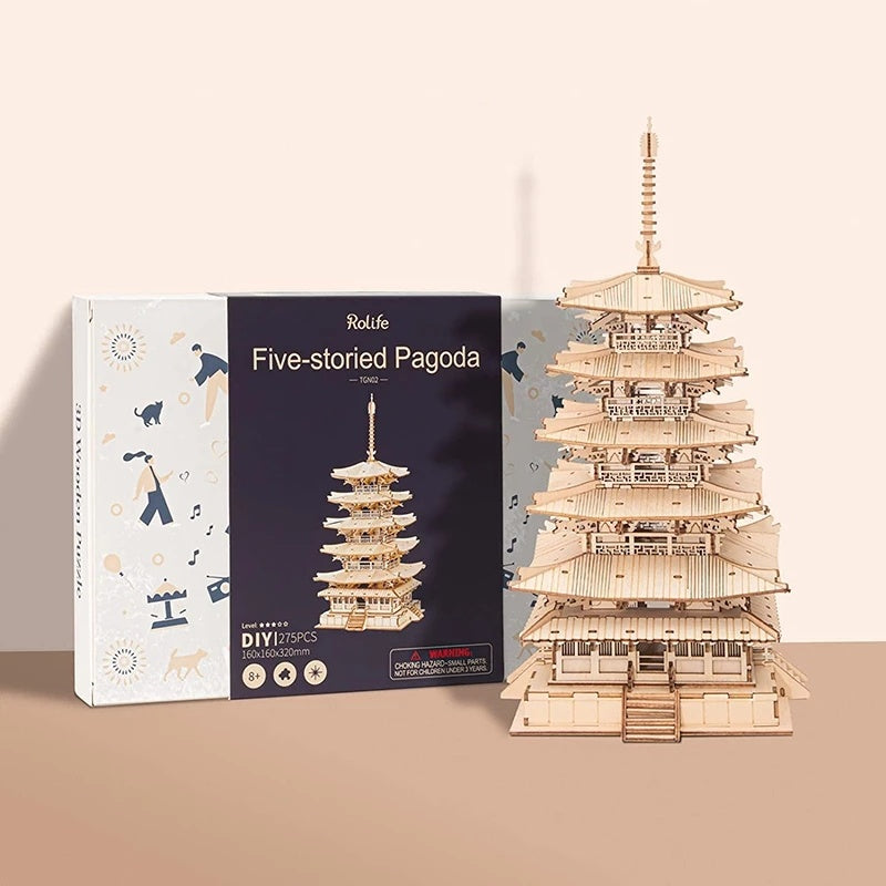 Robotime 3D Wooden Pagoda Puzzle Kit – Buildable 5-Story Temple Model for Kids, Adults & Family Time (275 Pcs, No Tools Needed)