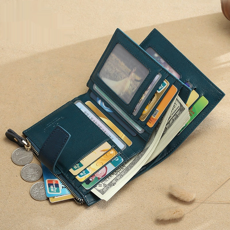 Ladies' RFID Anti-Theft Leather Wallet – Multifunctional Zipper Coin Purse with Card Protection