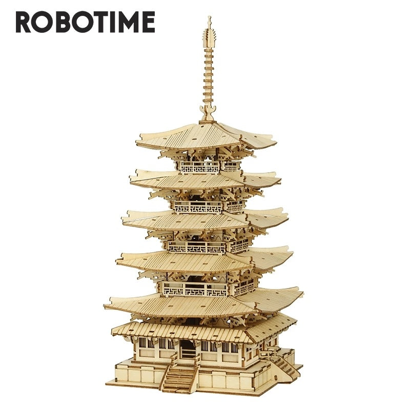 Robotime 3D Wooden Pagoda Puzzle Kit – Buildable 5-Story Temple Model for Kids, Adults & Family Time (275 Pcs, No Tools Needed)