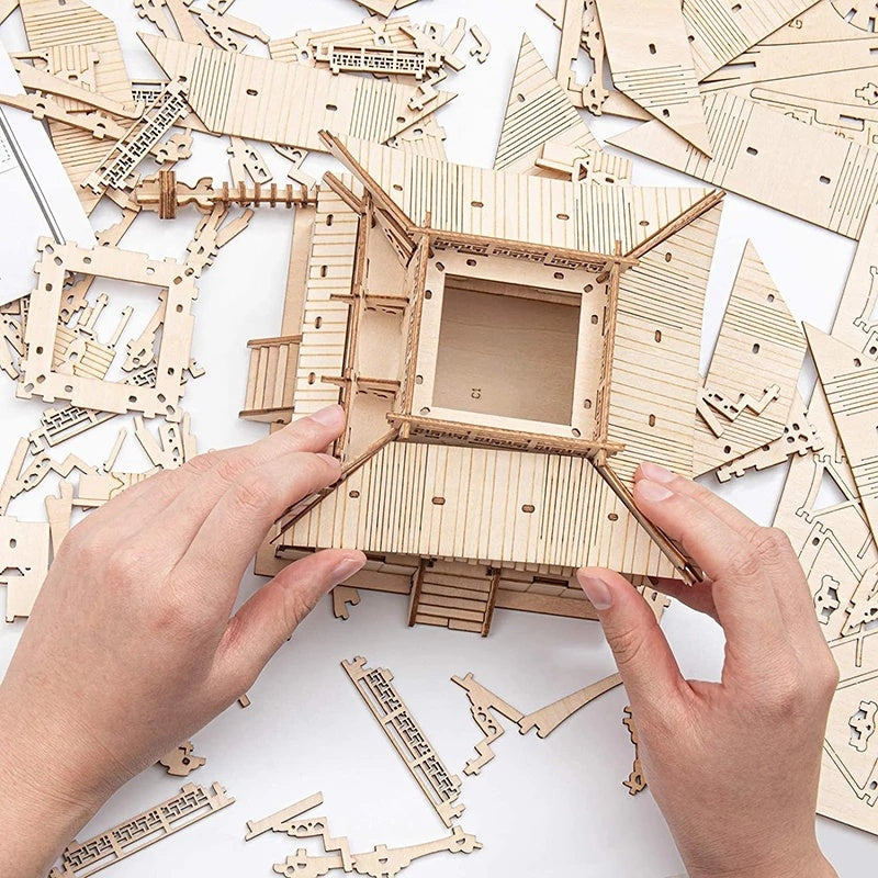 Robotime 3D Wooden Pagoda Puzzle Kit – Buildable 5-Story Temple Model for Kids, Adults & Family Time (275 Pcs, No Tools Needed)
