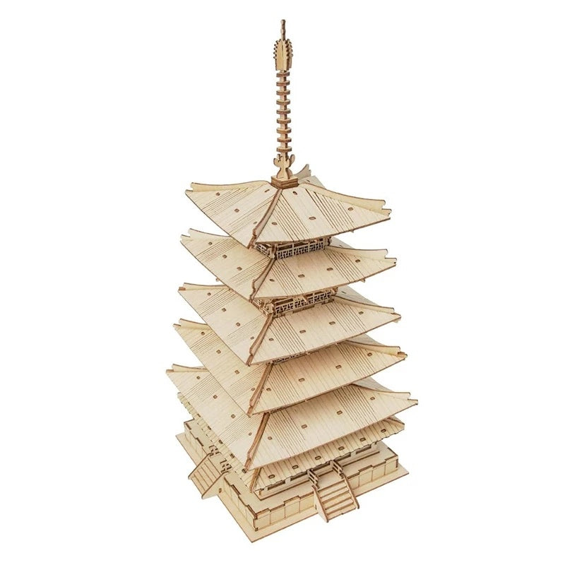 Robotime 3D Wooden Pagoda Puzzle Kit – Buildable 5-Story Temple Model for Kids, Adults & Family Time (275 Pcs, No Tools Needed)
