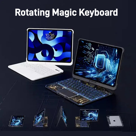 360° Rotating Bluetooth iPad Keyboard Case with Trackpad – Transparent Magnetic Cover + Pen Slot (MacBook Style Typing)